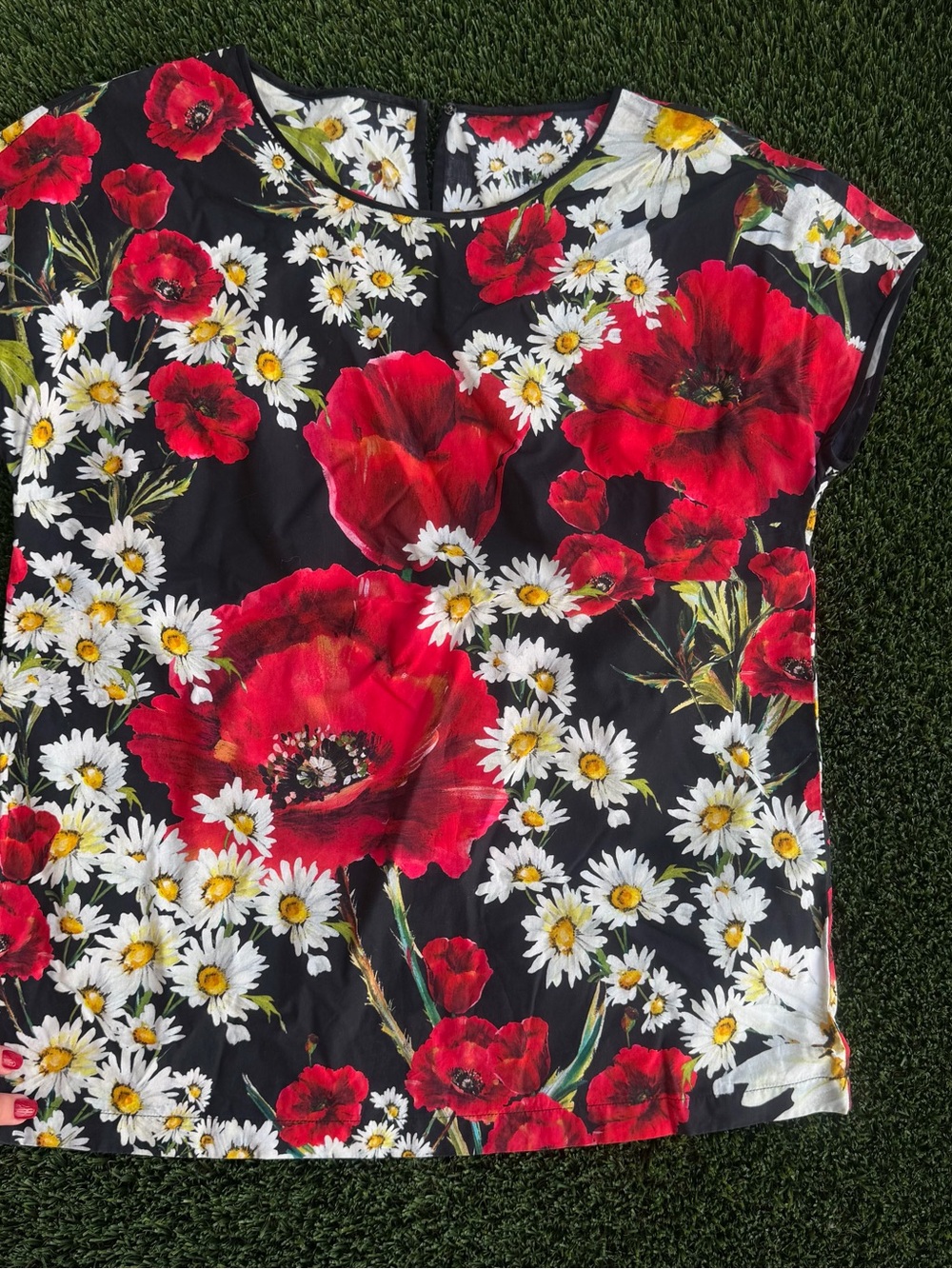 Black Floral Top with Red Poppies and White Daisies Dolce Gabbana